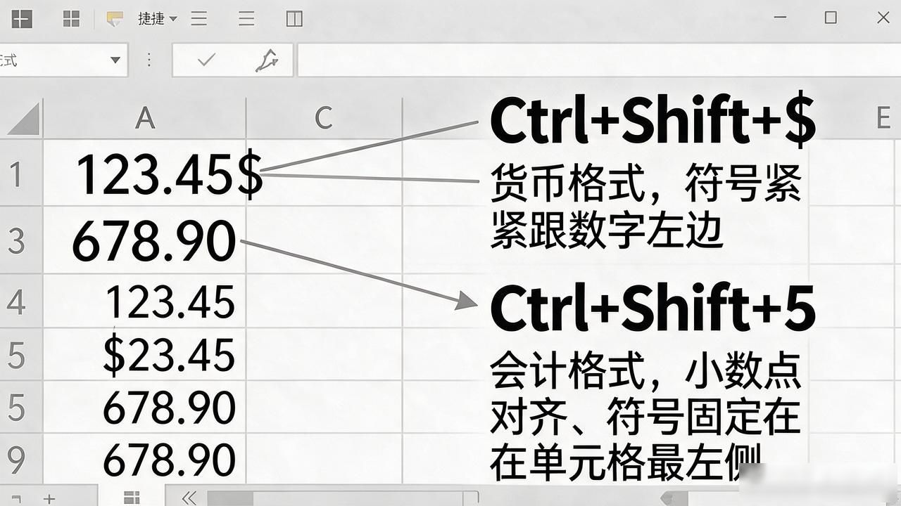 财务月报货币格式快捷键_CtrlShift$Excel货币格式转换_excel数字转换货币快捷键